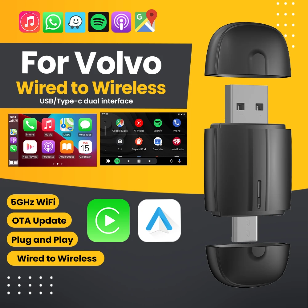 Wireless Android Auto Adapter CarPlay Adapter USB Type-c Plug and Play Bluetooth 2 In 1 For Volvo XC90 S90 V90 XC60 S60 V60 XC40