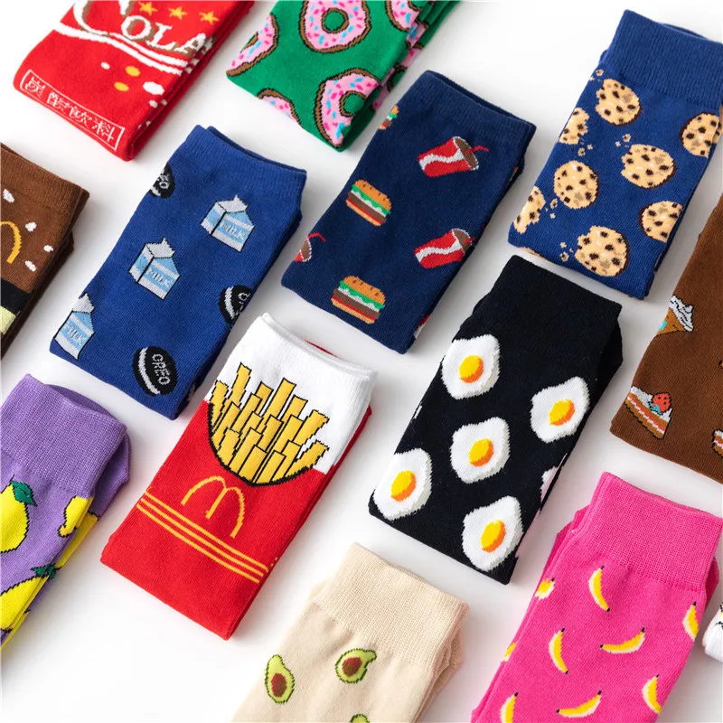 Hot Sale Funny Harajuku Women Casual Cartoon Fruit Sock Banana Avocado Lemon Egg Cookie Donuts Colorful Japanese Skateboard Sock