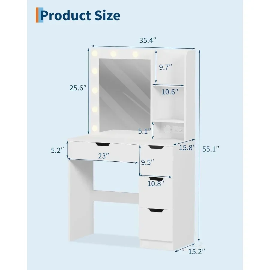 Makeup Vanity with Lights, White Vanity Desk with Mirror 12 LED Bulbs, Girls Vanity Table with 4 Drawers, Vanity Desk with Mirr