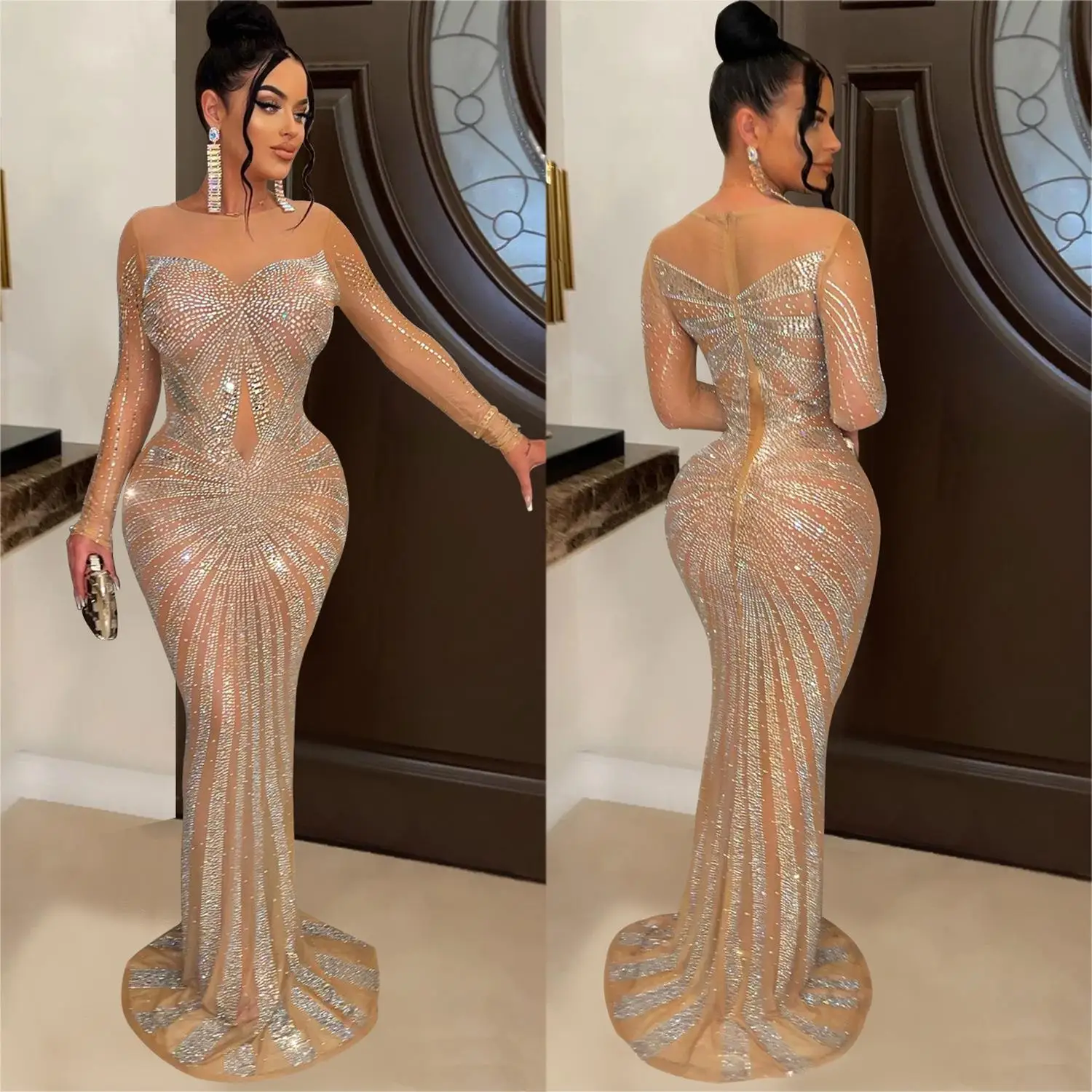 Vestido Midi E de Manga Longa Faion C698 Cor Pura Malha Transparente com Lantejoulas Roupa Fena Qualidade Premium