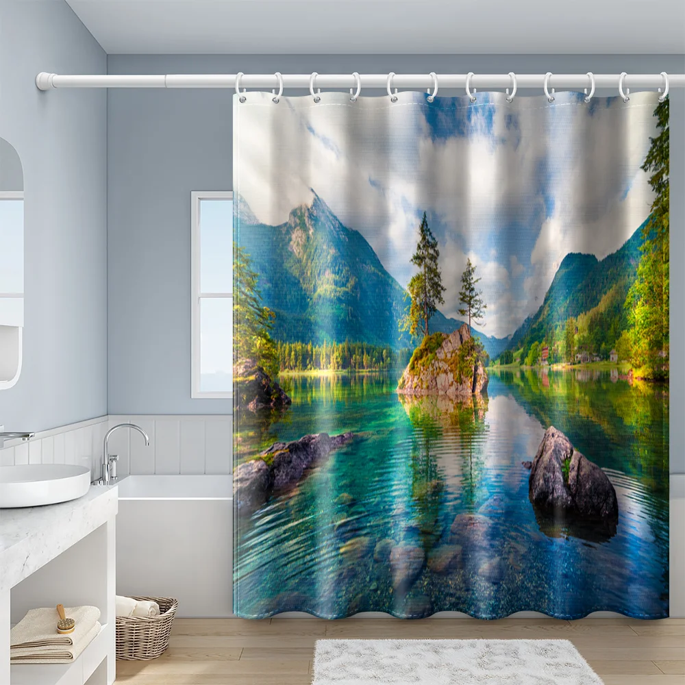 Mountain Scenery Shower Curtains Grassland Lotus Bathroom Curtain Frabic Waterproof Polyester Bath Curtain with Hooks