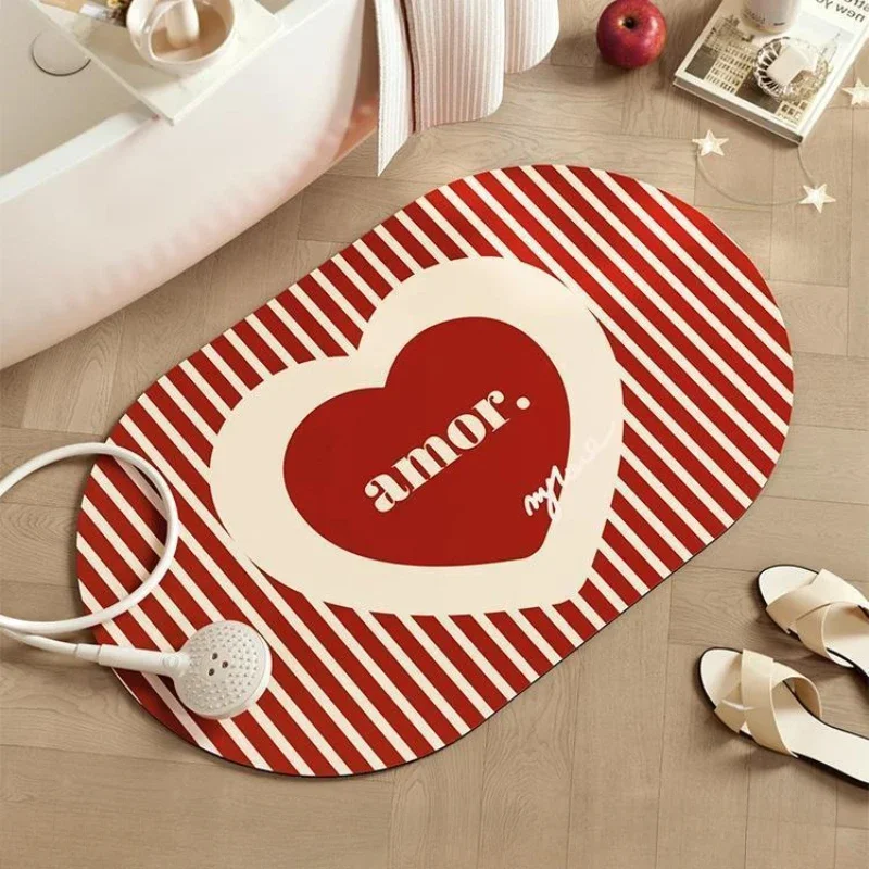 Heart love diatom mud bathroom absorbent floor mat New Year's red room bathroom door non-slip and anti-drop floor mat