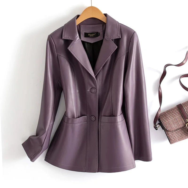 New Women Daily Casual Split Leather Blazer Spring Autumn Fashion Suit Collar Single Breasted Simplicity Slim Leather Jacket