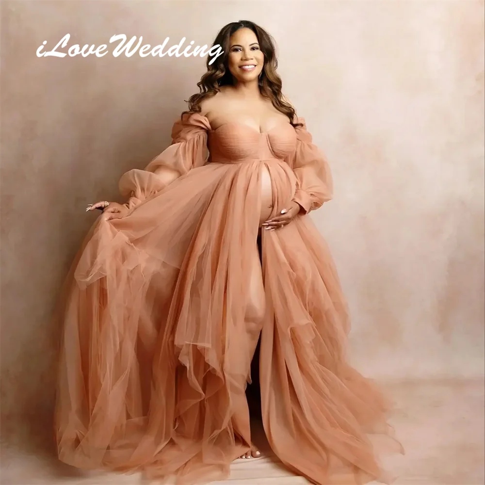 

ILoveWedding Long Sleeves Tulle Maternity Dresses for Photoshoot Off Shoulder Pregnant Women Photography Dress Babyshower Gowns