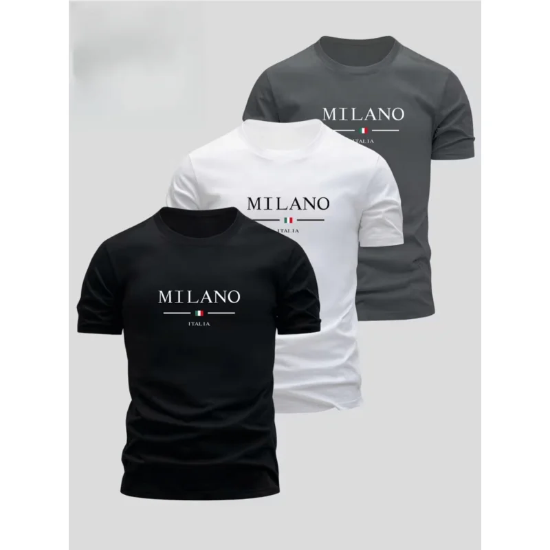Conjunto de Tres Piezas de Manga Corta para Hombre Estilo Italiano Milano |   Combinación de tres tonos en negro/blanco/gris con temática de Milán