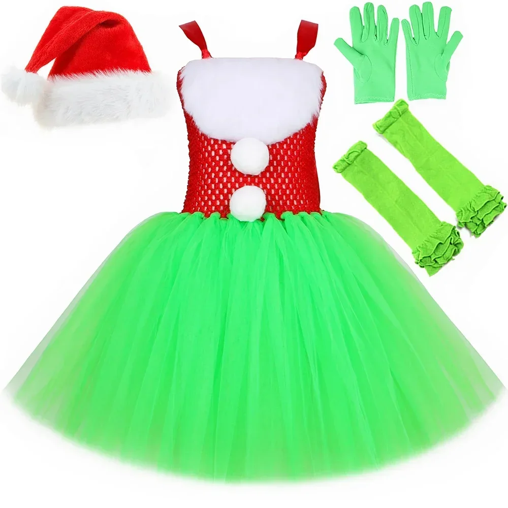 Grinch Costume Kids Christmas Santa Claus Tutu Dress Set Green Furry Monster Costumes Girls Toddler Halloween Xmas Party Clothes