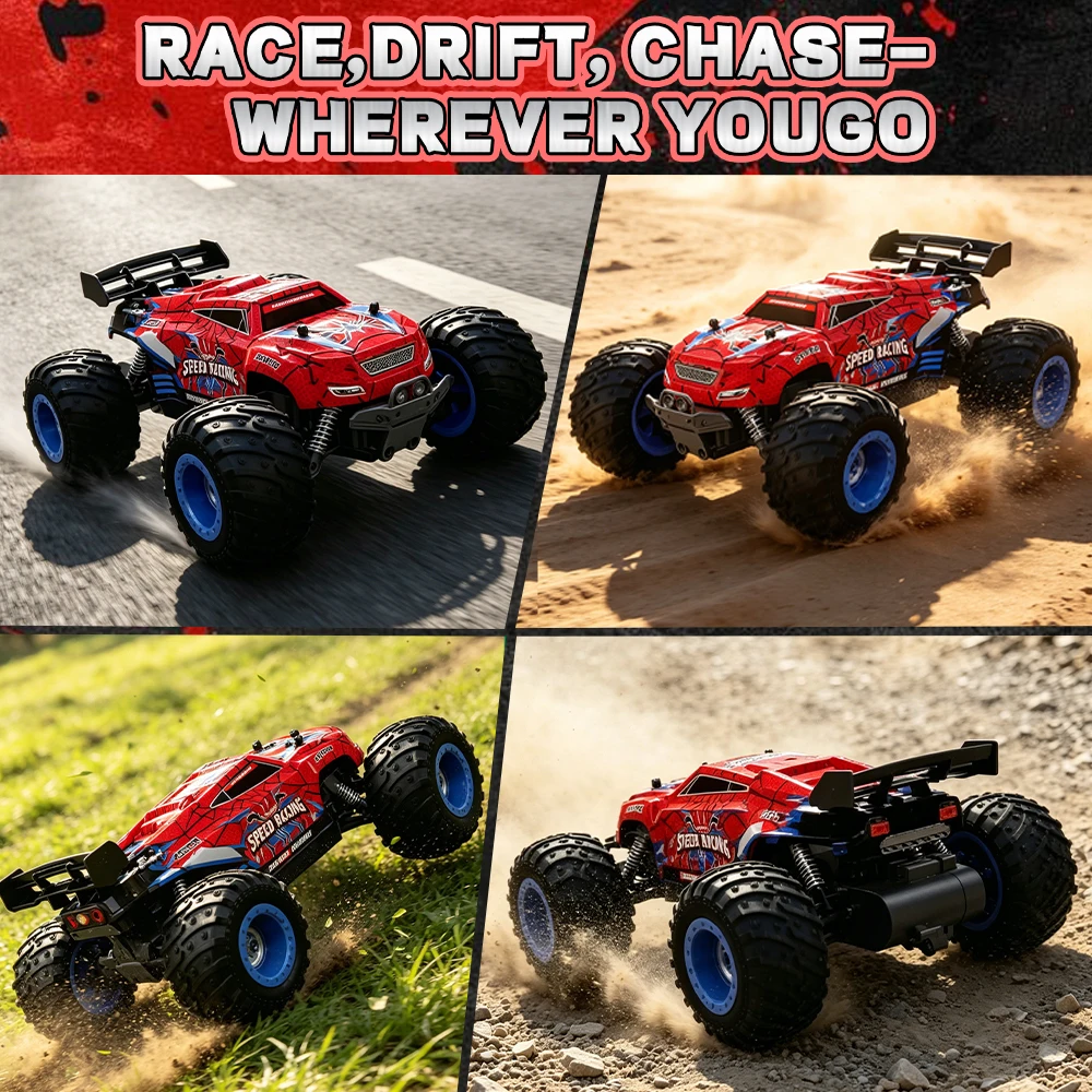 Spider RC Car, Monster Truck, 2.4GHz, 2speed, All-Terrain Toy with LED Lights, Rear-Wheel Drive the ideal Christmas present for