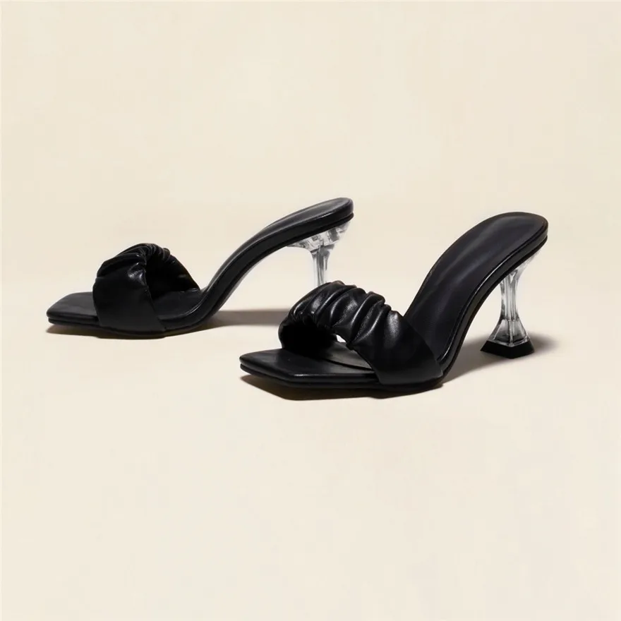 New Women Sexy Wrinkle Leather Slippers Square Toe Clear Crystal Cup High Heels Shoes Slides Ladies Party Summer Slip-On Sandals