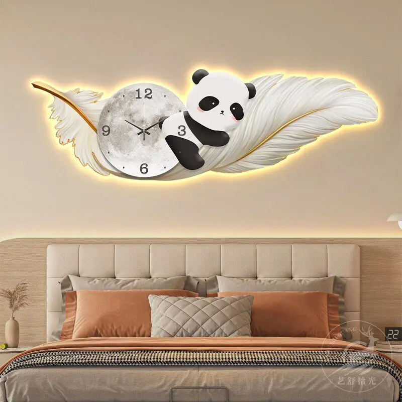 Panda living room decoration painting wall table feather bedroom clock 2026 new creative clock wall lamp
