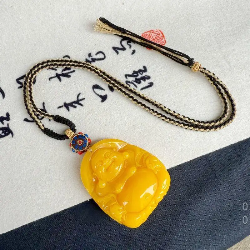 Honey Wax Maitreya Pendant Necklace, Laughing Buddha with a Big Belly, Authentic Raw Material Carving