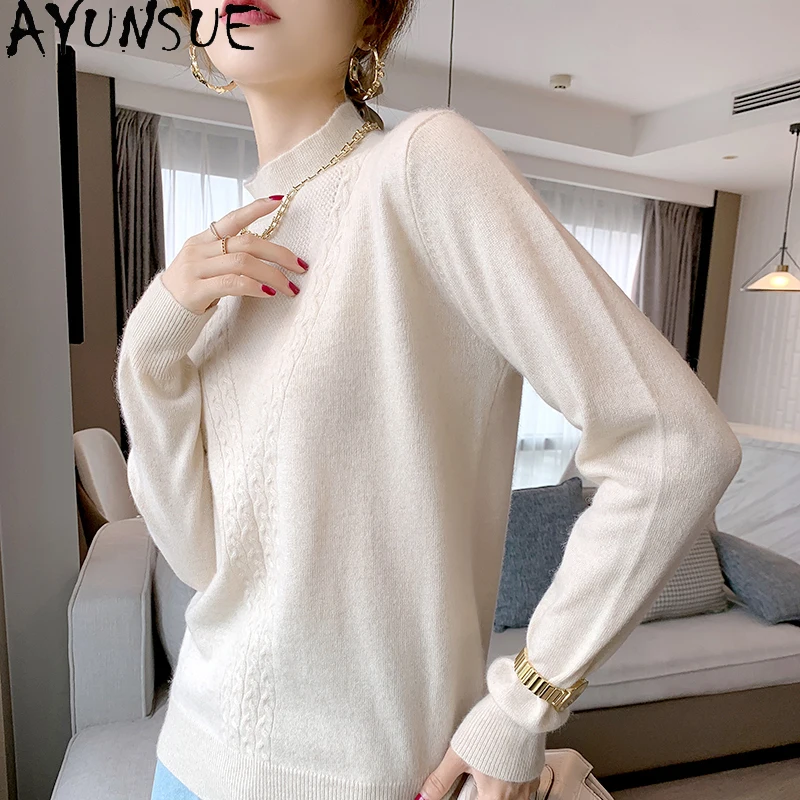 AYUNSUE Autumn Winter 100% Genuine Wool Sweater Pullovers Women Fashion Long Sleeve Cashmere Sweaters Jerseys Mujer Invierno Gmm