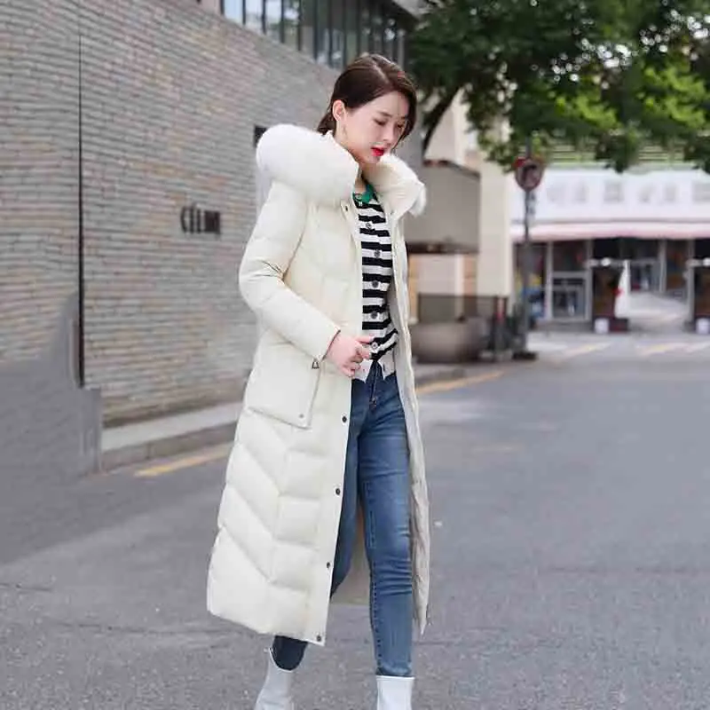 Temperament Down  Lady Long Winter 2022 New Slim White Down Warm HoodedWoman Coat Fashion True Fur Collar Winter Coat Lady