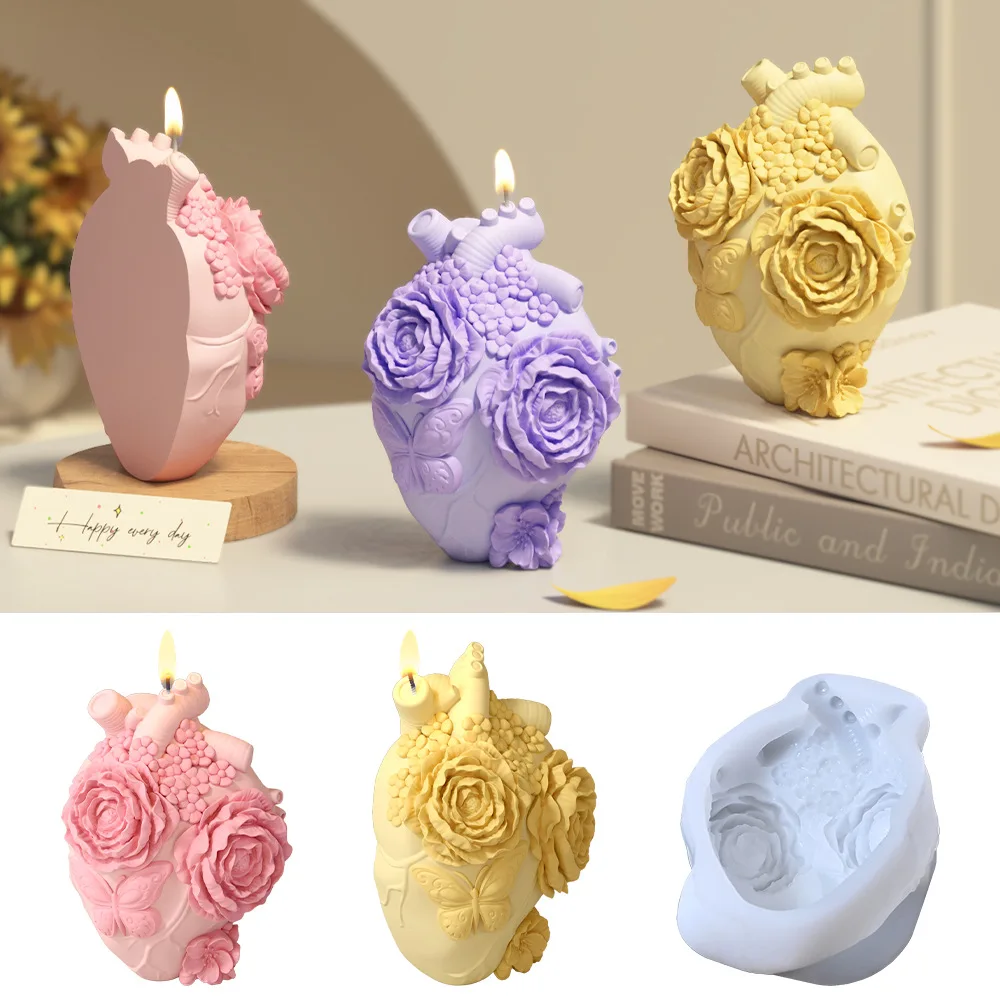 

3d Three-dimensional Flower Heart Scented Candle Silicone Mold Handmade Diy Soap Plaster Decoration Epoxy Resin Mold