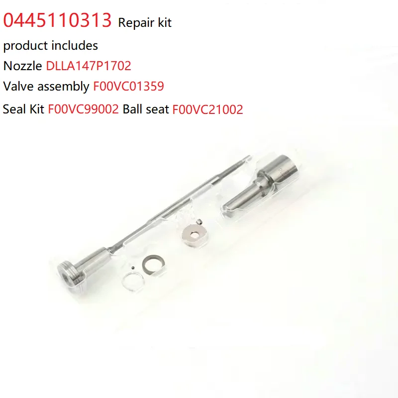 Common rail fuel injector 0445110313 repair kit: Nozzle DLLA147P1702 Valve assembly F00VC01359 Seal kit F00VC21002+F00VC99002