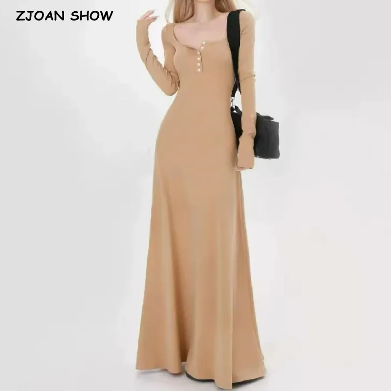 

Женское длинное платье макси на пуговицах, облегающее эластичное платье с квадратным вырезом и длинным рукавом, базовое платье в американском стиле ретро, 2023