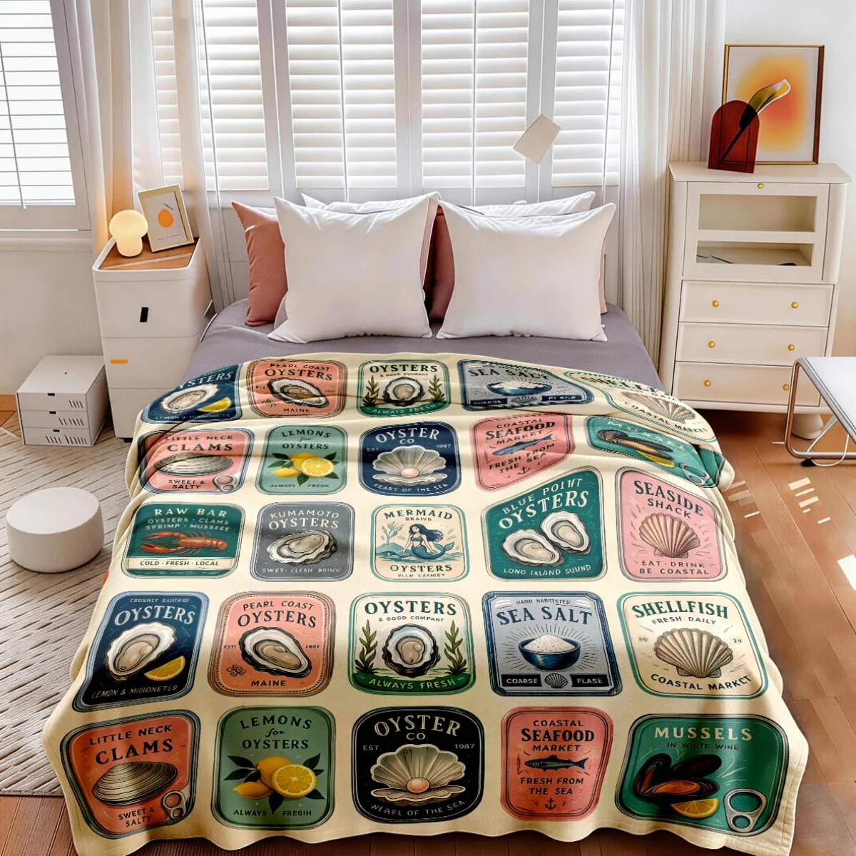 Nautical Coastal Life Ocean Seafood Market Throw Blanket Beach Decor Gift for Home Bathroom