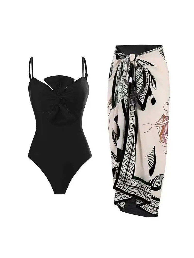 

Conservative Knot One-Piece Swimsuit for Women Pure Color New 2024 Langqi Swimwear Polyester Material