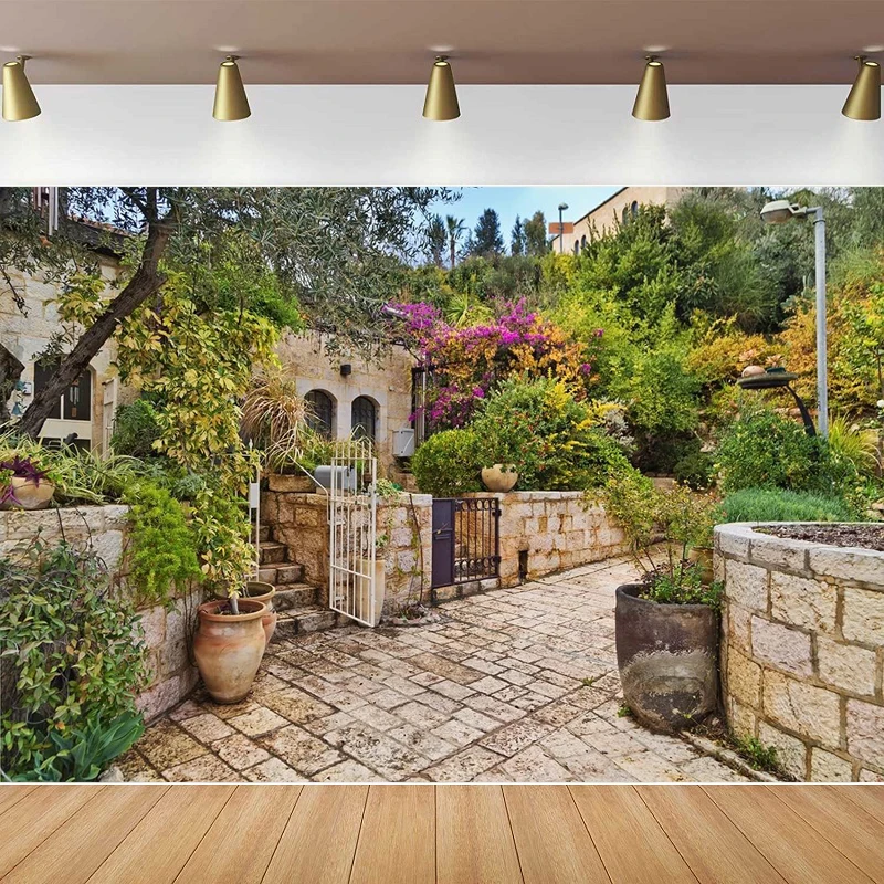 Photography Backdrop Jerusalem Old City Street House Ancient Stone Wall Buildings Flowers Green Trees Background Israel Travel