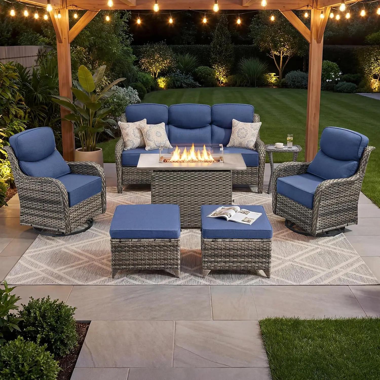Luxury Patio Furniture Set with 6-inch Thick Cushion, Outdoor Furniture with Fire Pit Table, Swivel Chairs, Sofa,, Customized