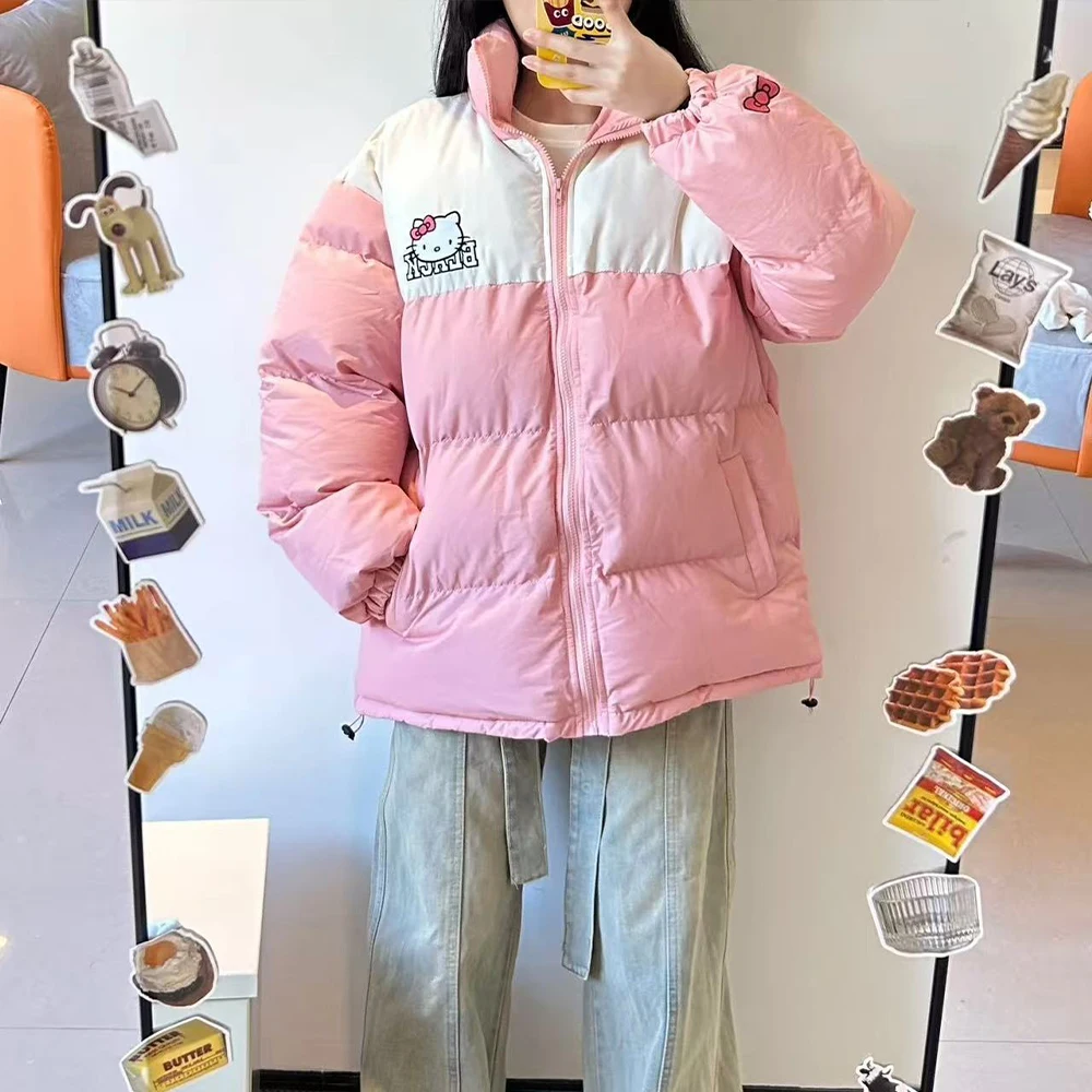 

Sanrios kawaii Hello Kitty женский пуховик аниме зимняя утепленная теплая хлопковая одежда одинакового цвета пальто студенческая свободная мода