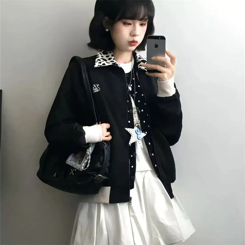 New Fashion cow Pattern Lapel Stitching Black Coat Women's Spring and Autumn Leisure Sports Tooling Jacket Baseball Uniform Tide