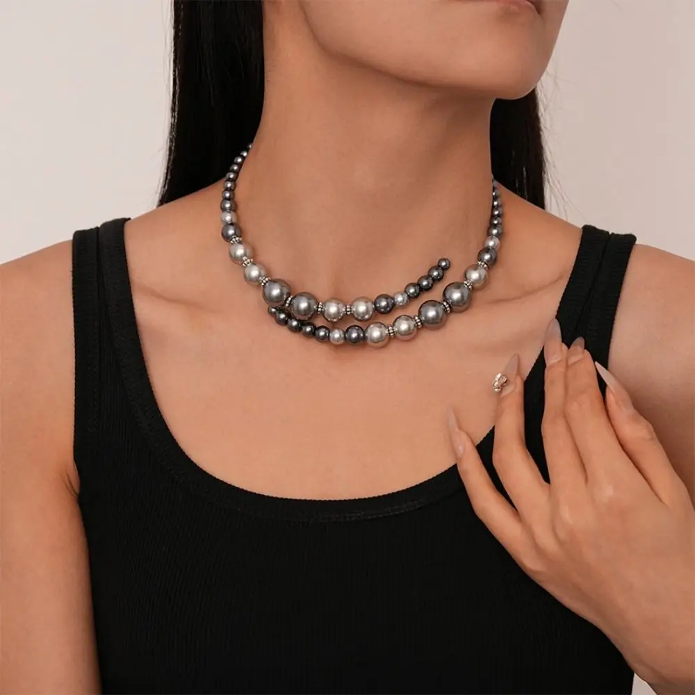 

Europe America Style Grey Glass Pearl Openning Necklace Temperament Retro Clavicle Chain Unique Fashion Choker Party