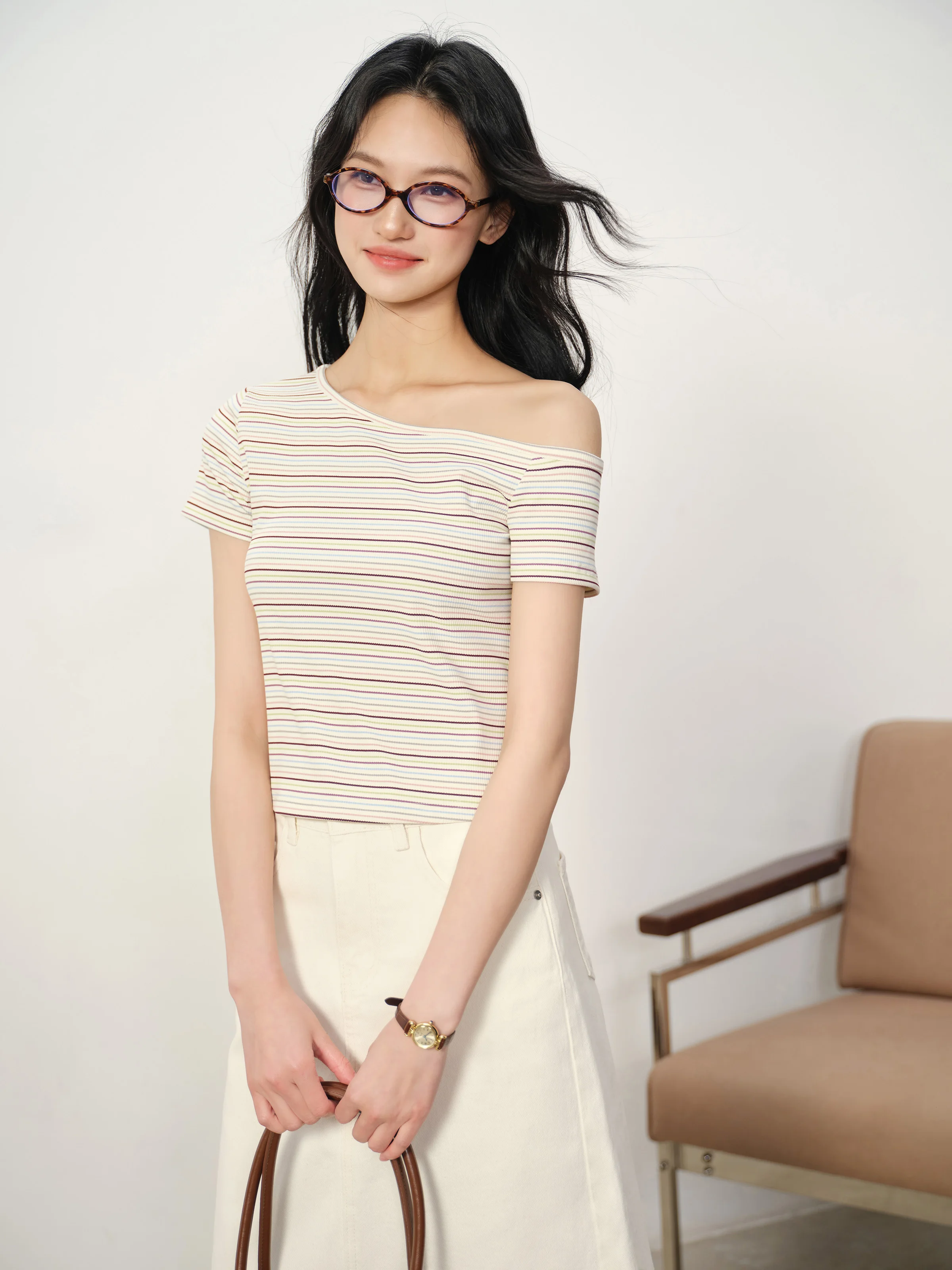 Striped One Shoulder Slim Fit T-Shirt Women Summer Short Sleeve Off Shoulder Crop Top Stretchy Sexy Tee Casual Daily Streetwear