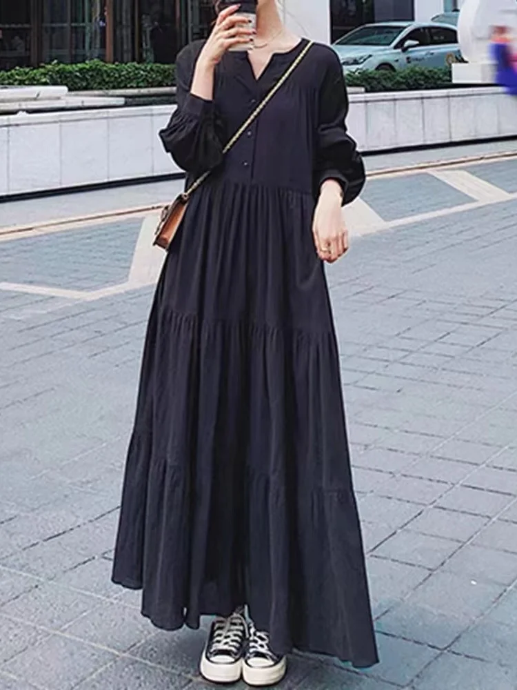 Spring Collection Women's Dress Maxi Skirt Long Sleeve Lantern Hepburn Style Loose Waist Vintage A-Line Summer Citywalk