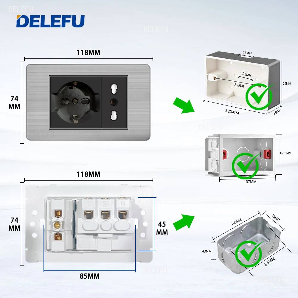 DELEFU Black Stainless steel EU  Standard Outlet Dual USb Type C Wall Socket Light Switch Korea 118mm*72mm Fast Charge