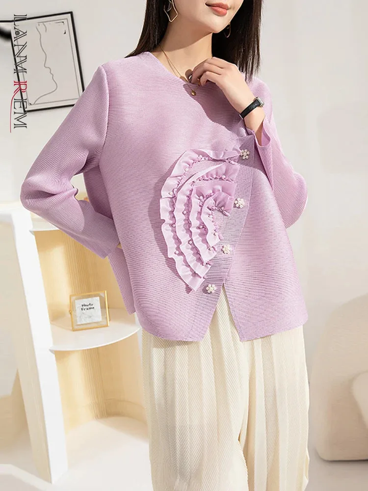 

LANMREM Spliecd Fungus Flowers Pearl Pleated Blousers For Women Round Neck Long Sleeve Loose Casual Tops 2024 New Spring 2Q1320