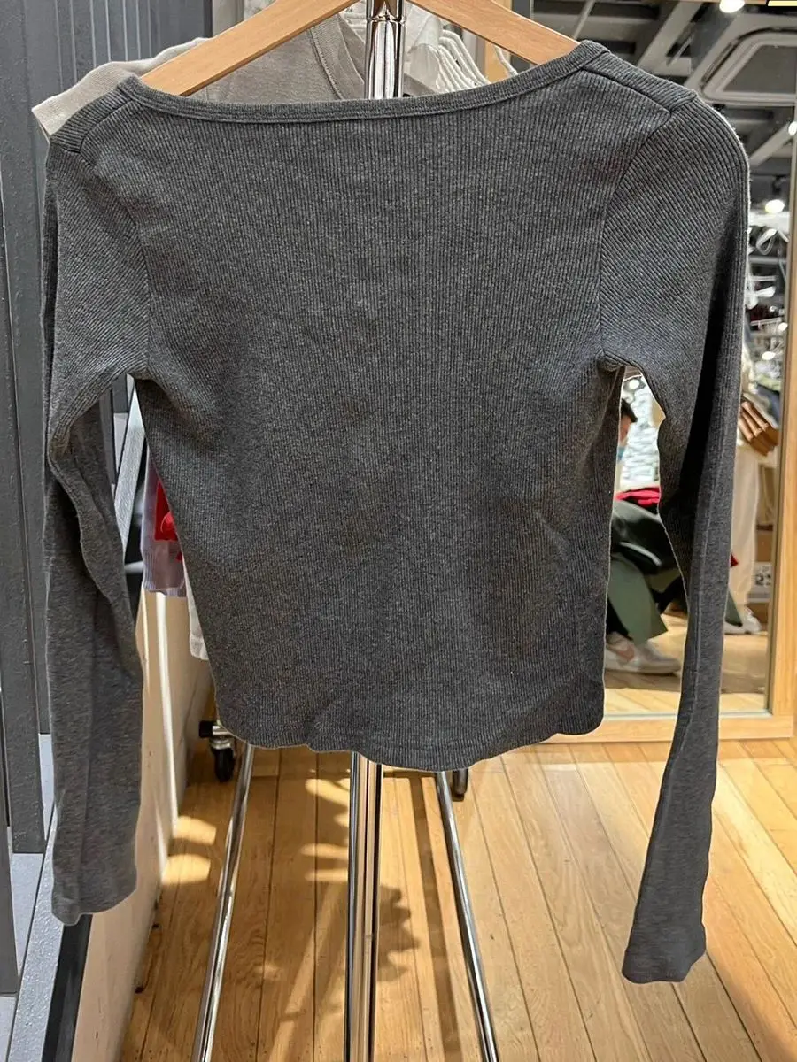 Solid Ribbed Long Sleeve T-shirt Woman Autumn Round Neck Single Breasted Cotton Slim Crop Top Vintage Streetwear Cropped Tee Y2k