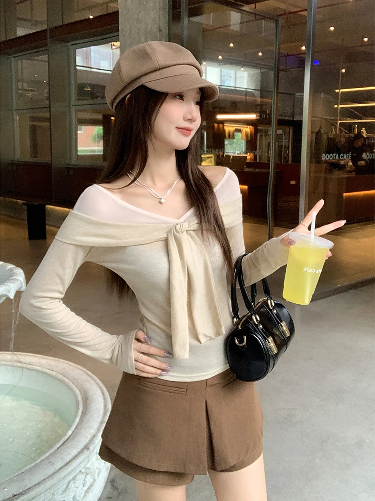 Süße Preppy Slim Fit T Shirt Frauen Langarm Verband Off Schulter Casual Sexy Tees Mesh Gefälschte Zwei Stück Patchwork Hottie Tops