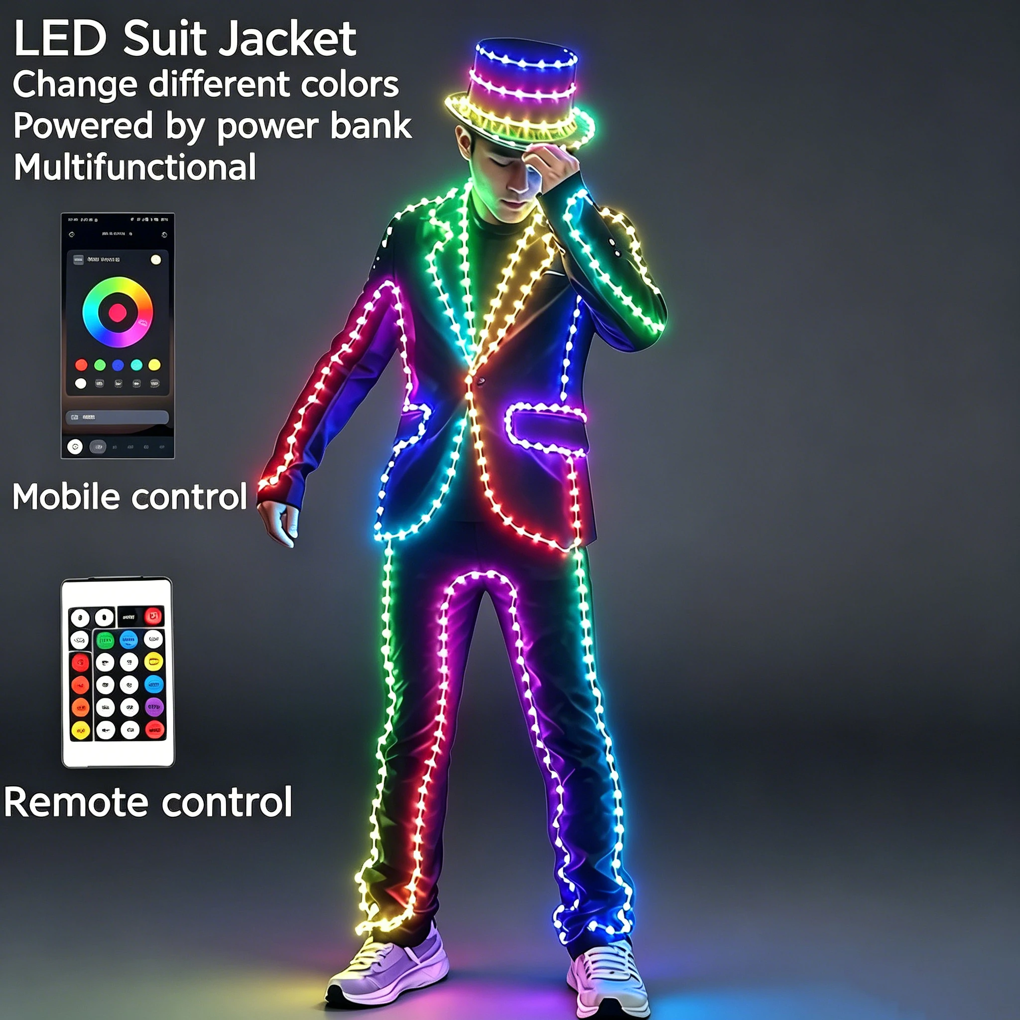 Men's Full Color LED Glowing Suit Luminous Stage Dance Performance Outfit Nightclub DIY Control Color-changing Suit Costumes