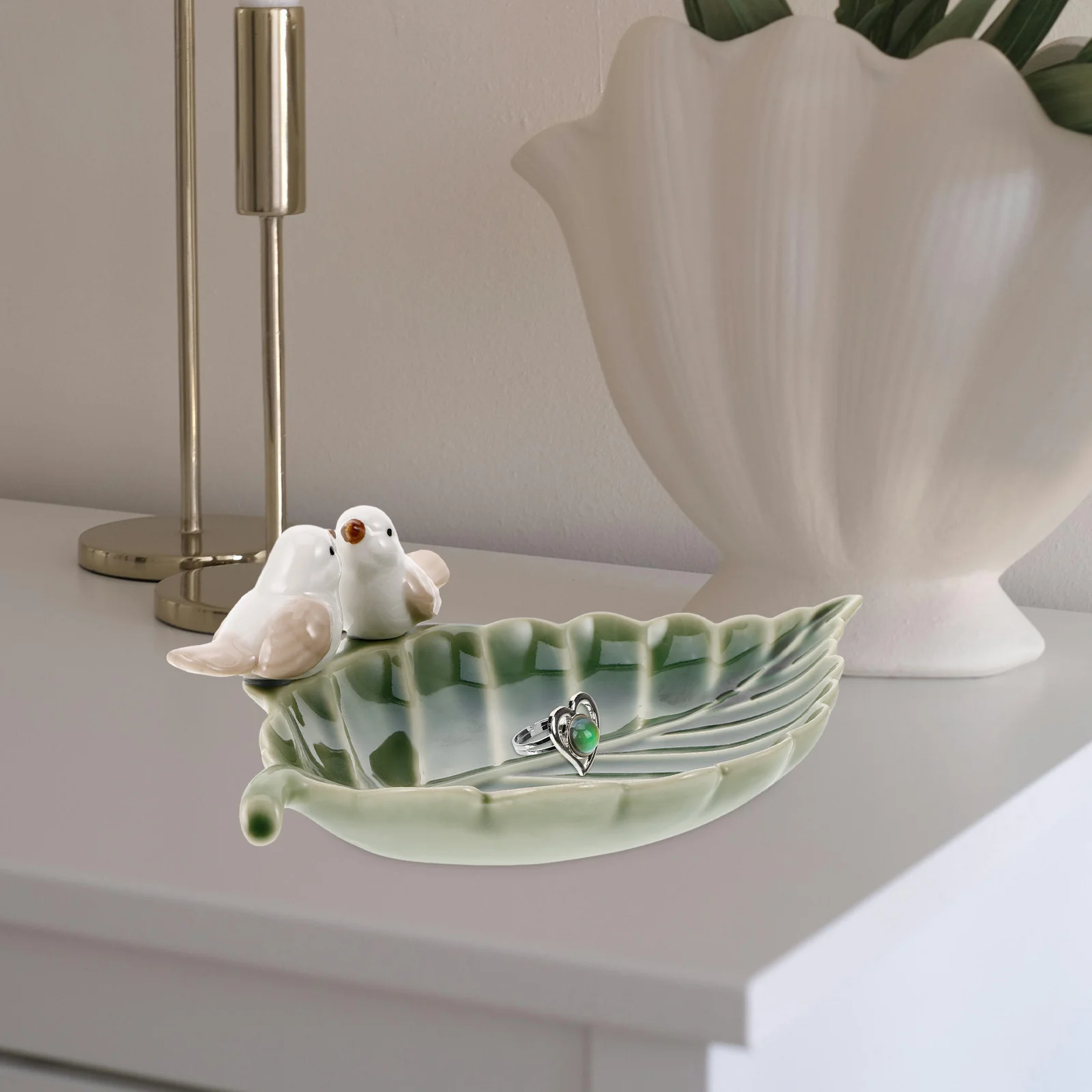 

Cute Bird on Leaf Trinket Dish Ceramic Ring Dish Decorative Jewelry Tray Vanity Organizer Holder for Dresser Table Home Decor