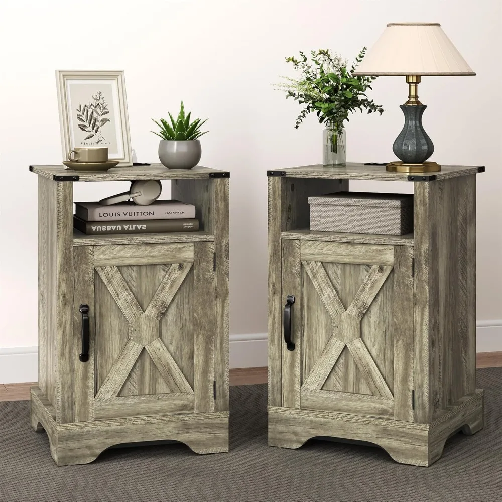

Nightstand Set of 2, Grey End Table with Charging Station, Tall Farmhouse Bedside Table with Large Storage and Shelf, Wooden Si