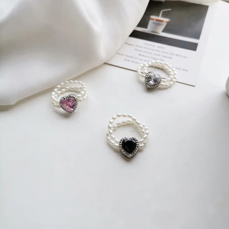 Korean Crystal Aesthetic Beaded Ring Fashion Love Heart Pearl Rings for Women Band Stretched Lovely Wedding Rings Sweet Jewelry
