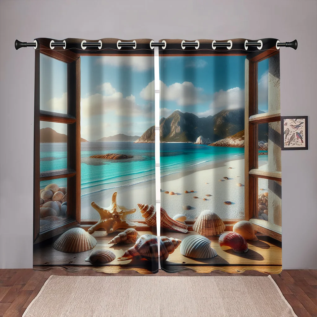 Summer View Beach Ocean shell Natural Senery Tree Curtains for Bedroom Window Drapes Living Room Home Decoration Kitchen Office