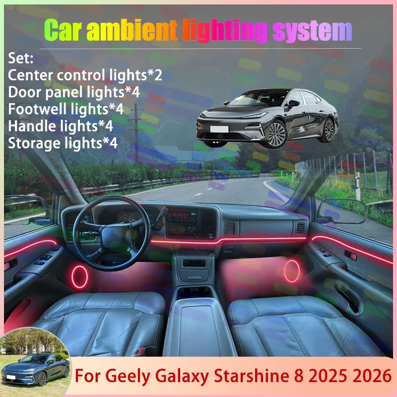 

Для Geely Galaxy Starshine 8 2025 2026 P171 2/24 в 1, автомобильная атмосферная лампа, RGB абажур, ансамбль, стример, атмосферный набор, детали