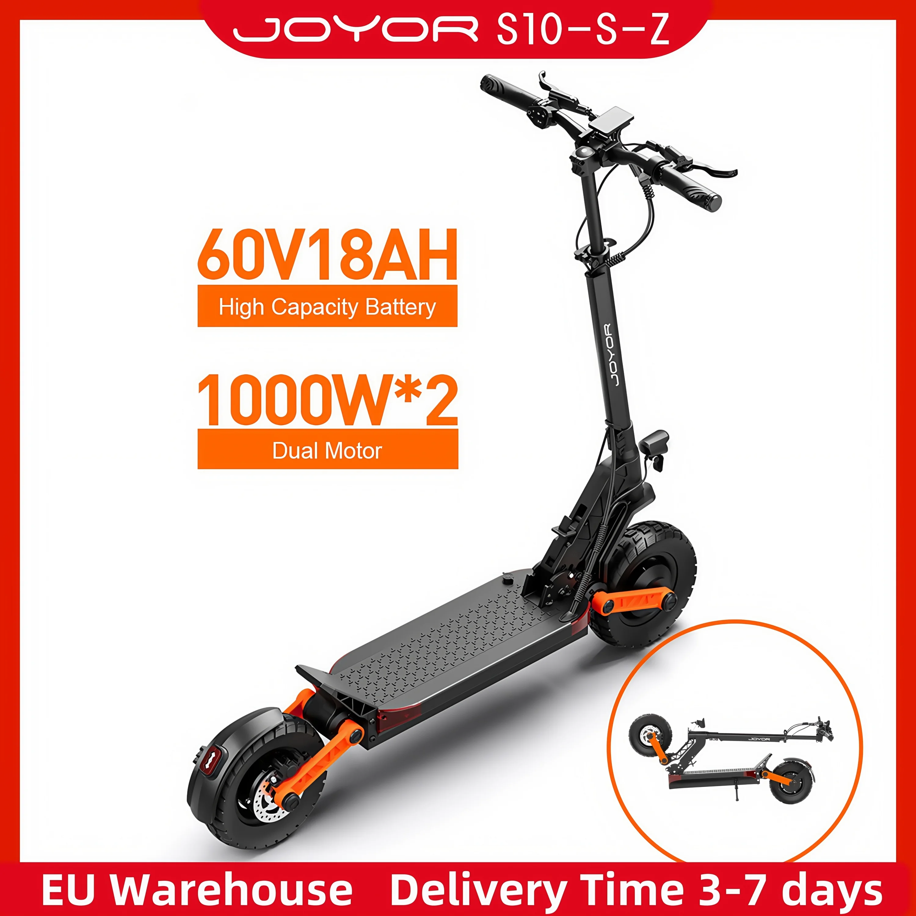 

JOYOR S10-S-Z Electric Scooter 60V 18Ah Battery, 2*1000W Dual Motor Adult EScooter, 10”Tire, 65km/h Max Speed 70-85km Range