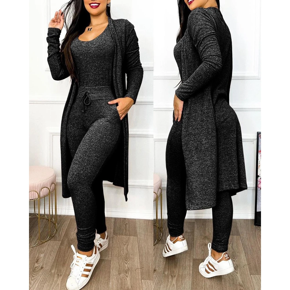 Women U-Neck Drawstring Pocket Design Sleeveless Jumpsuit With Long Sleeve Coat Set Casual Fashion Femme Skinny Jumpsuit