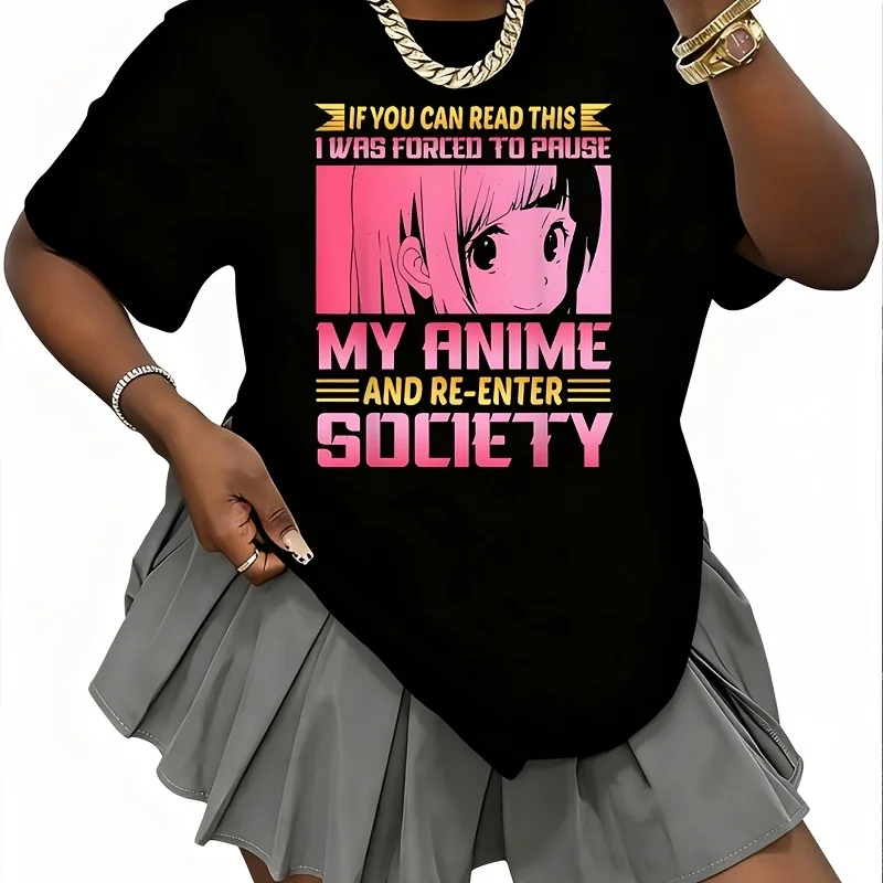 Funny Anime Pause Re-Enter Society Otakus Women's 100% Cotton T-Shirt Short Sleeve Top Casual Round Neck Fun Print Tee S-5Xl