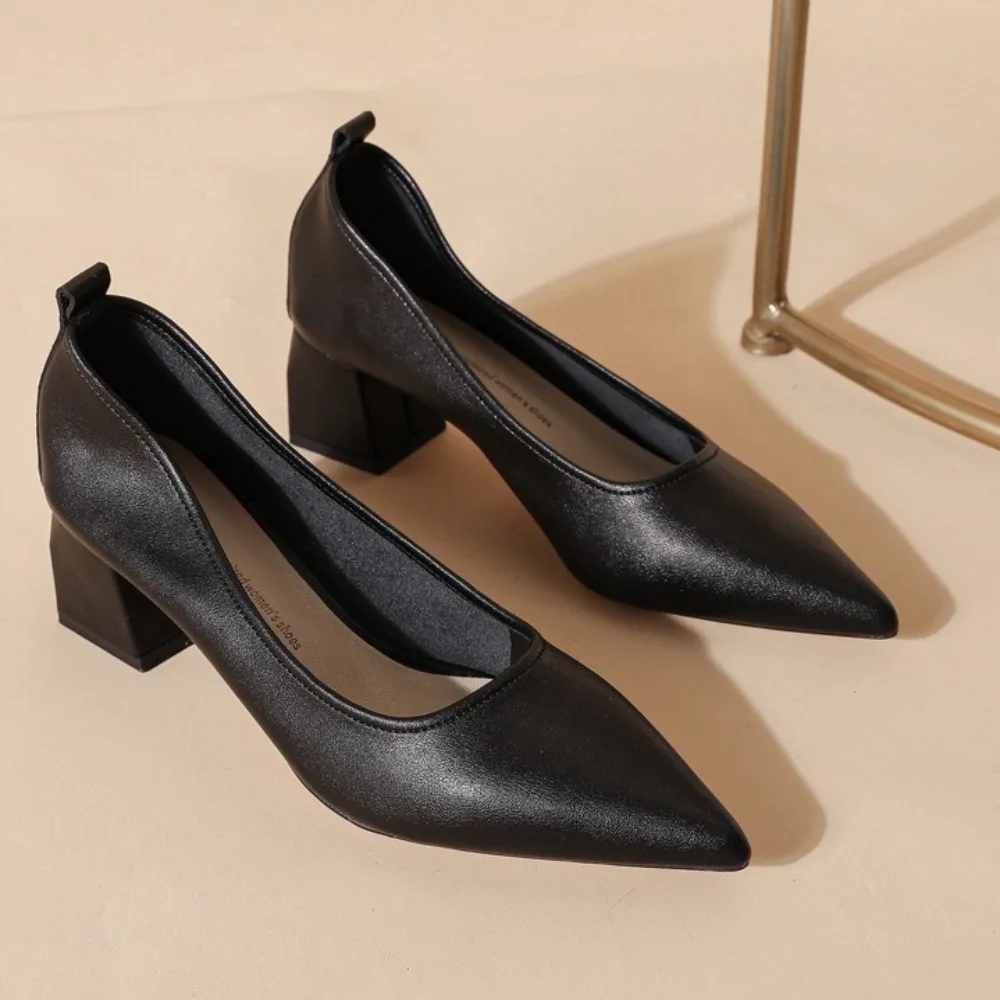 

Женские летние туфли-лодочки на высоком каблуке, новые туфли-лодочки с острым носком и средним каблуком, женская рабочая обувь из мягкой кожи на толстом каблуке