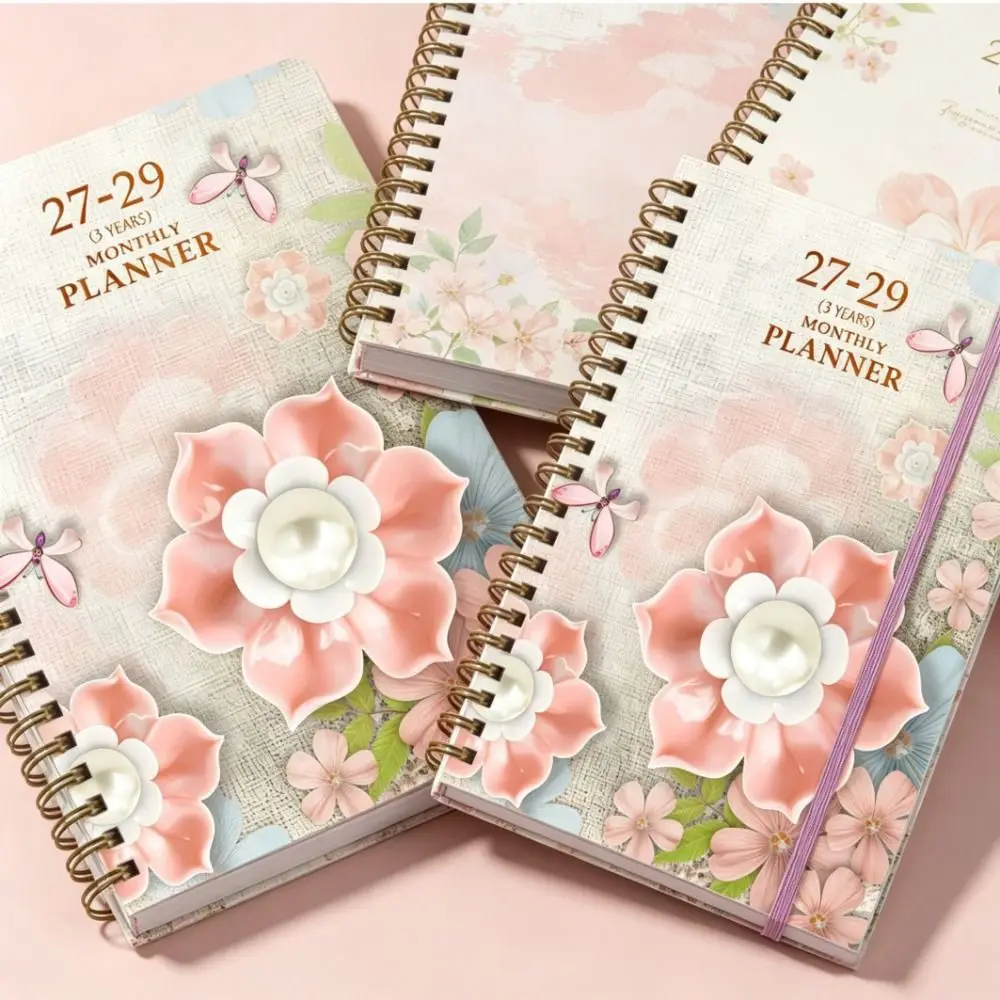 Flower Theme Cover 2027-2029 Monthly Calendar Spiral Bound A5 Annual Calendar Notebook Cat Print Multi-Year Agenda Notepad