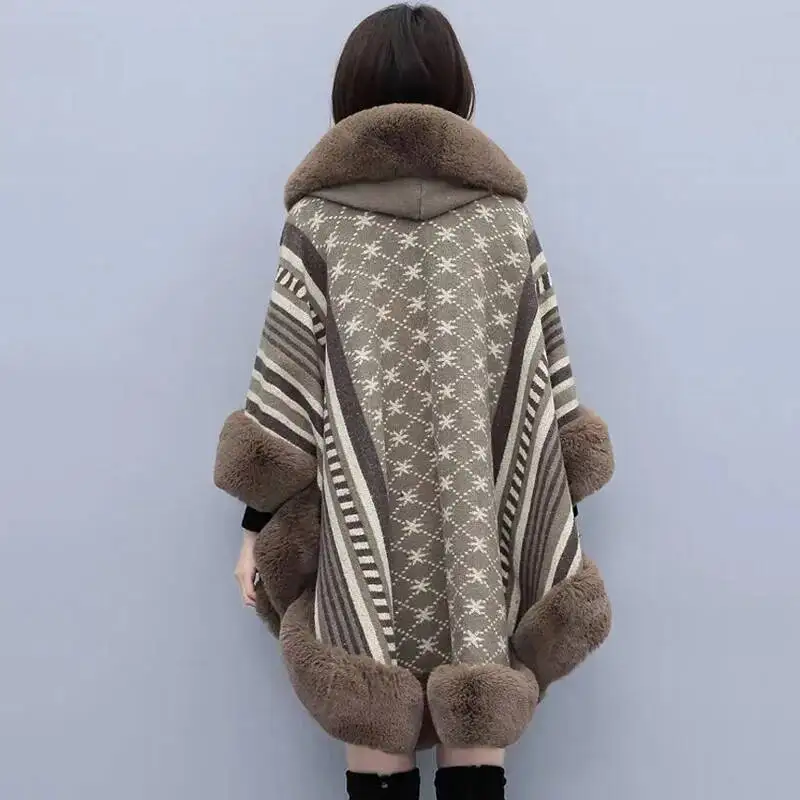

Модное мягкое пальто из искусственного меха кролика рекс, накидка с капюшоном, жаккардовое вязаное шерстяное пальто, женское зимнее свободное пальто, подарок для мамы