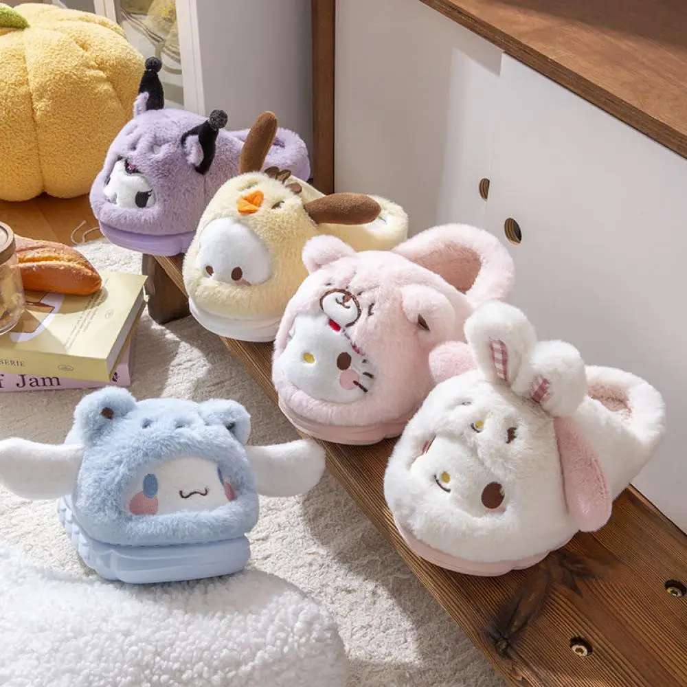 Anime Kuromi Winter Plush Slippers Hello Kitty Cinnamoroll Sanrio Kawaii Cartoon Cute Thicken Warm Home Slippers Festival Gift
