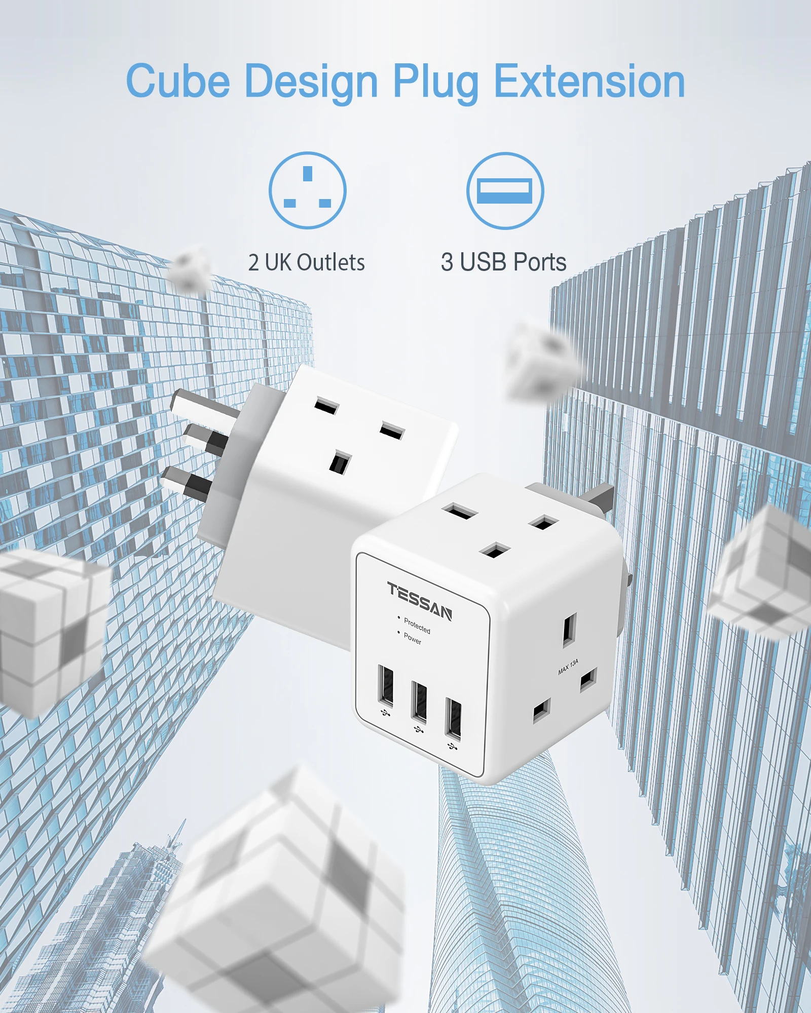 TESSAN UK Plug Adapter Surge Protector with 2 Way Outlets & 3 USB Charging Ports, Cube Multi Plug Extension Wall Socket for Home