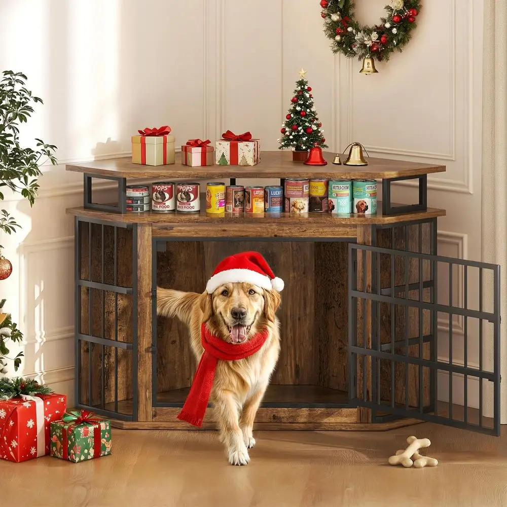 

Dog Crate Furniture with 2-Tier Shelves, Large Dog Kennel Indoor Wooden End Table, Modern Dog Cage Decorative Pet House TV Stand