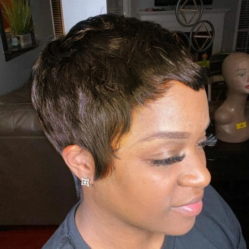 여성용 숏 픽시컷 가발, 150% 밀도 버진 생인모, 풀머신 제작, 숏 레이어드 앞머리 가발, 데일리용