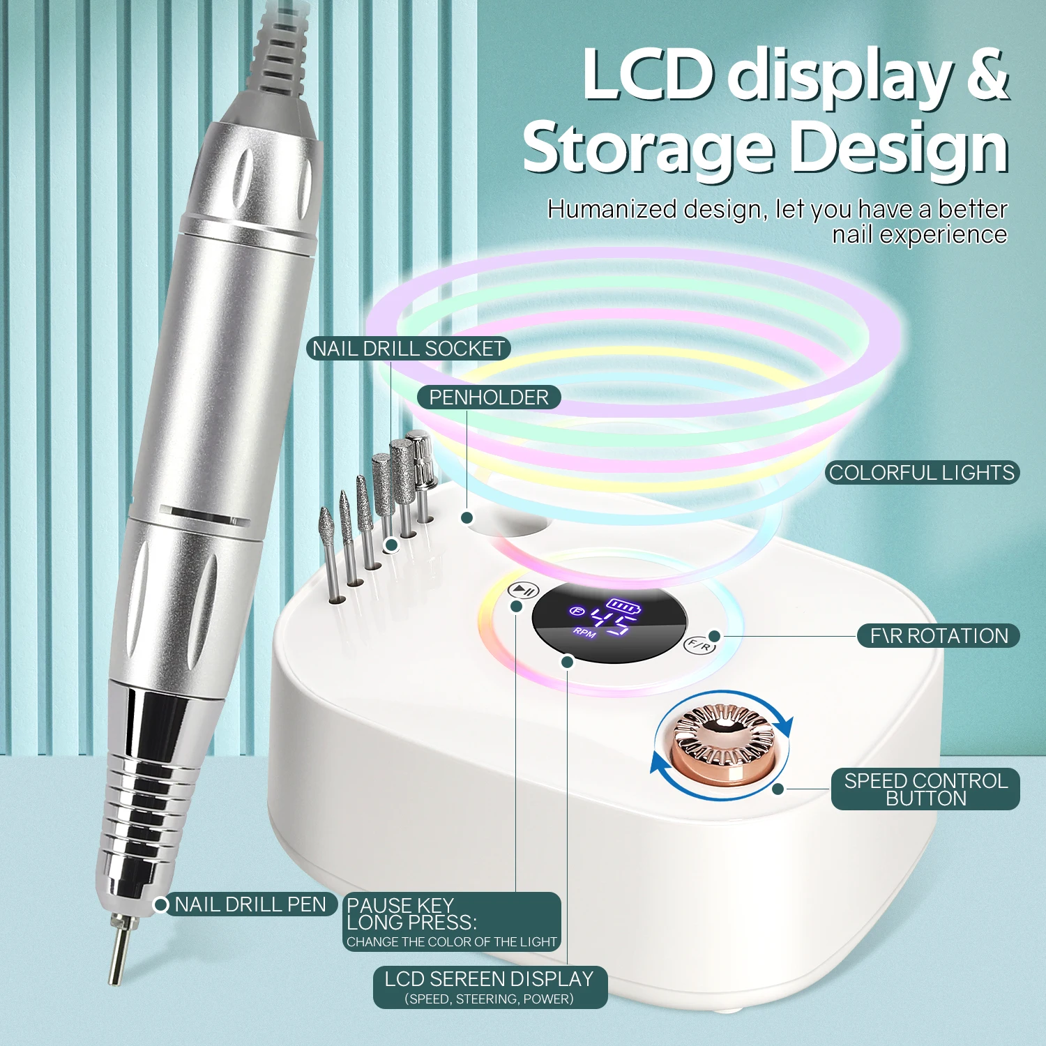 45000 دورة في الدقيقة مسمار ساندر مجموعة مطحنة للتقليم مع شاشة LED منخفضة الضوضاء الكهربائية مانيكير الحفر الأظافر الملحقات والأدوات