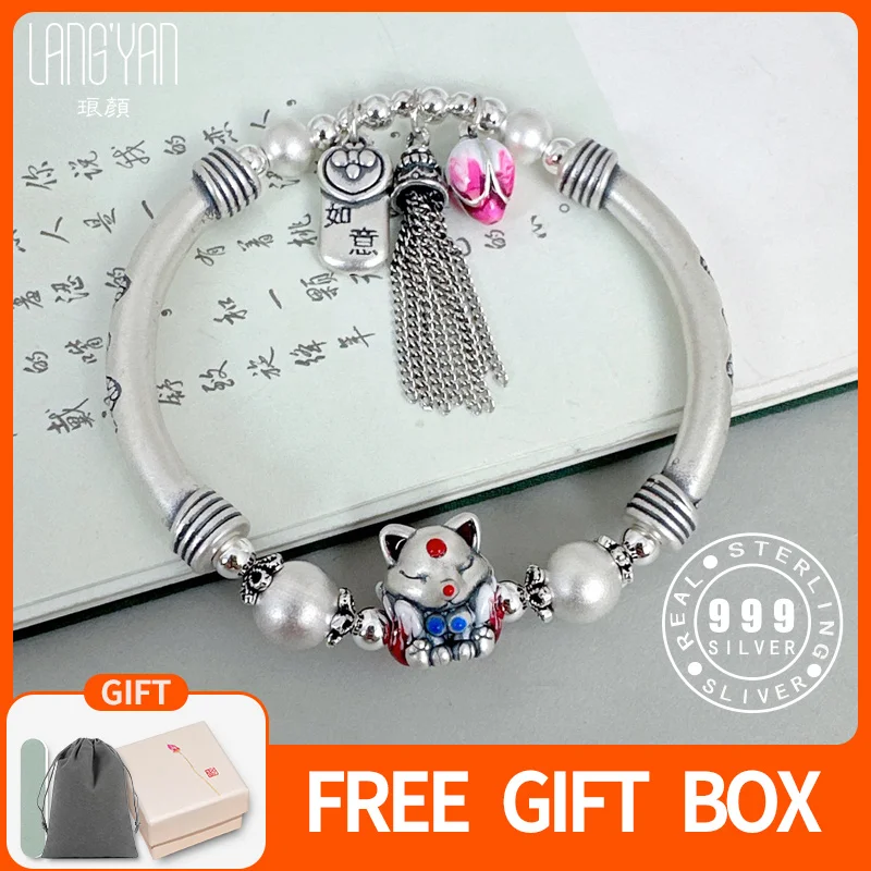 

Langyan 999 Pure Silver Fox Lotus Tassel Charms Bracelets Women's Handmade 925 Silver Elbow Beads Jewelry Gifts SL111